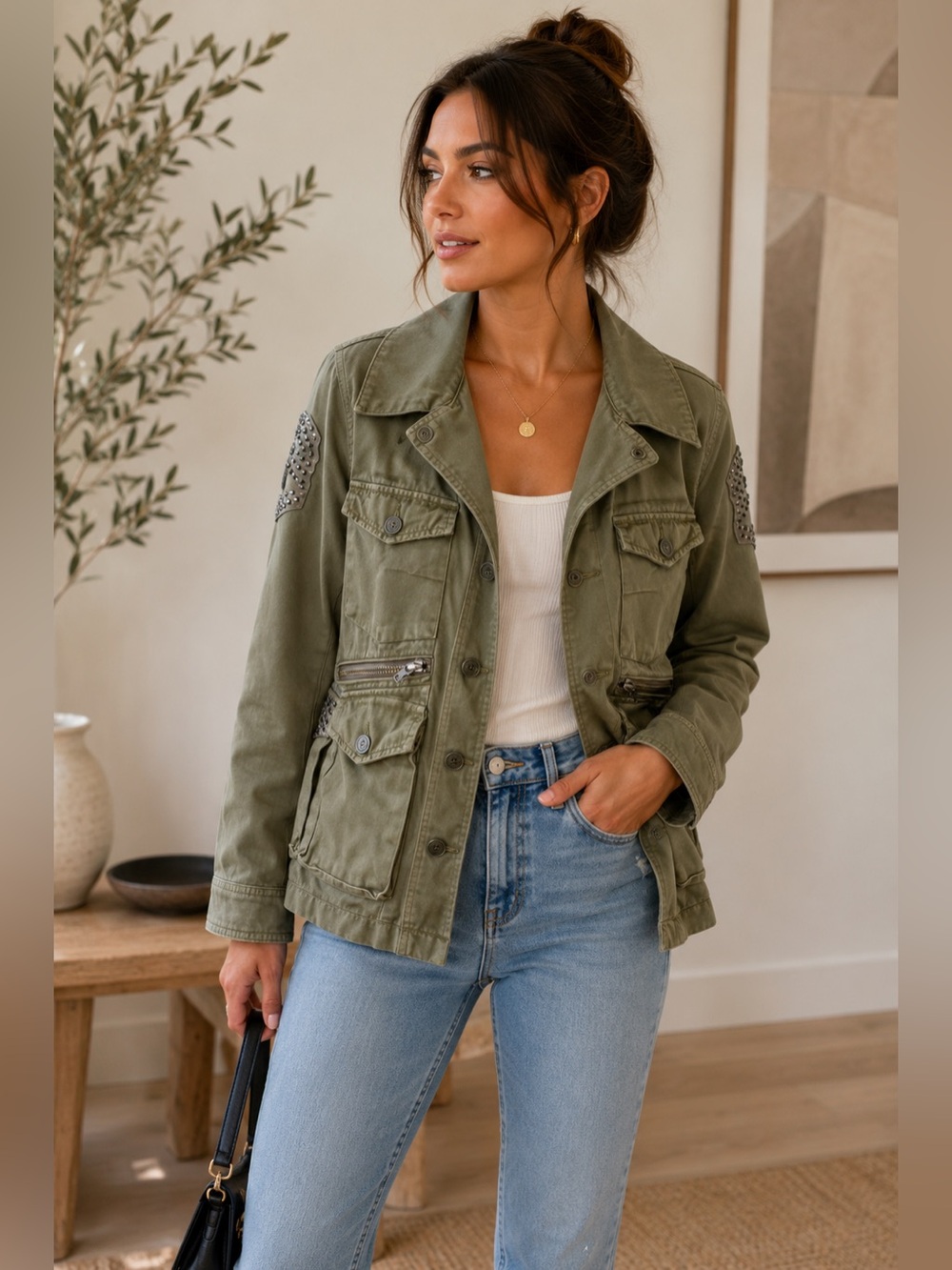Taverniti So Jeans Studded Military Jacket Olive Green Y2K Small
